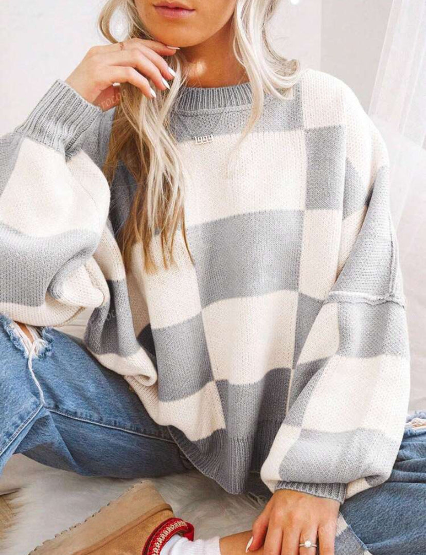 REVERIE™ - Casual Plaid Long Sleeve Round Neck Sweater