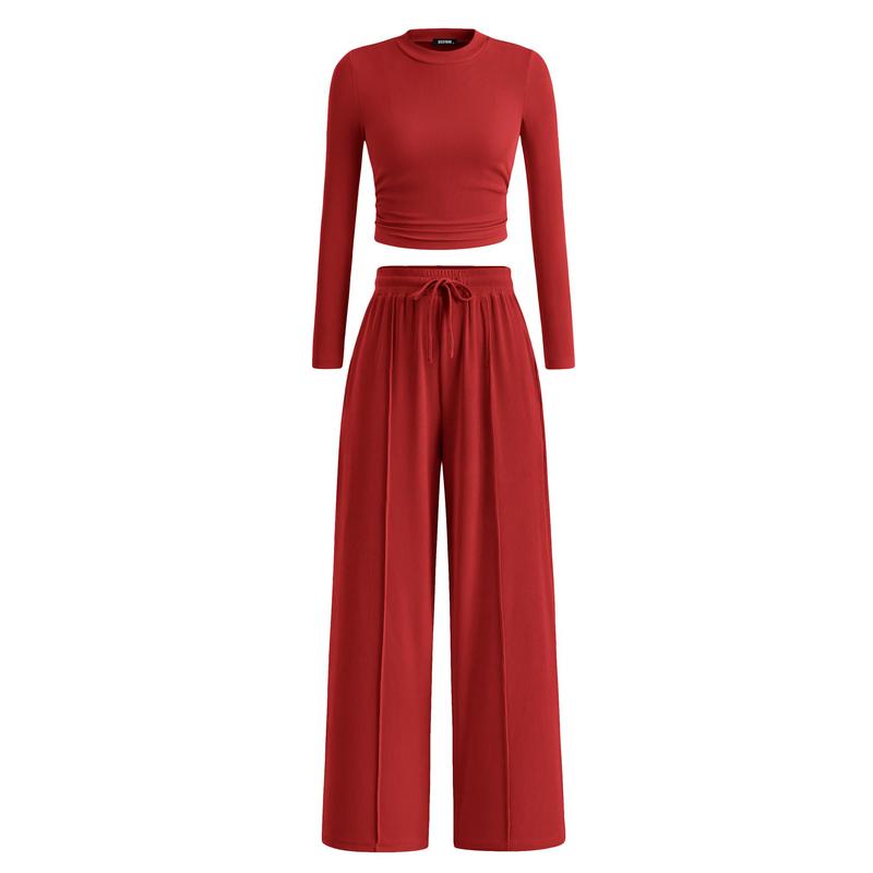 MIRELA™ - Ribbed Knit Long Sleeve Crop Top and Matching Pants Set